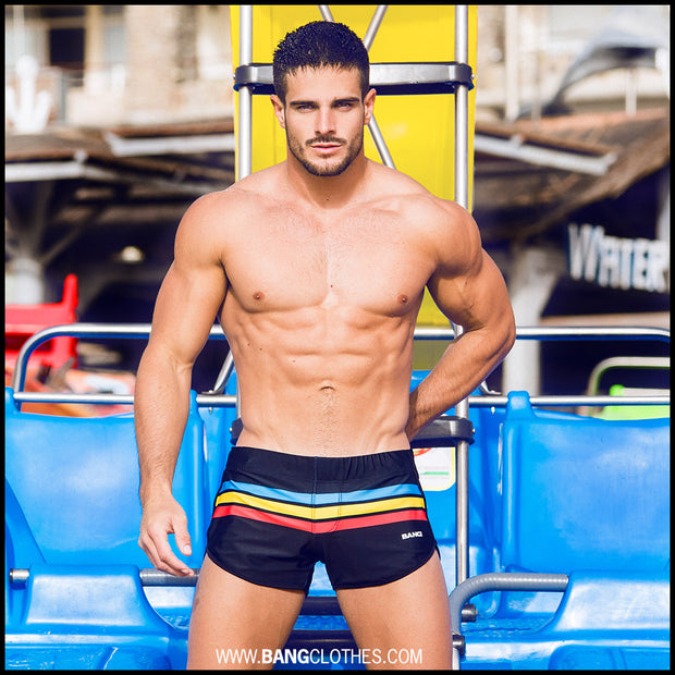 Frontal view of the BIONIC Stripes men’s swimsuit by the Bang! brand of men&