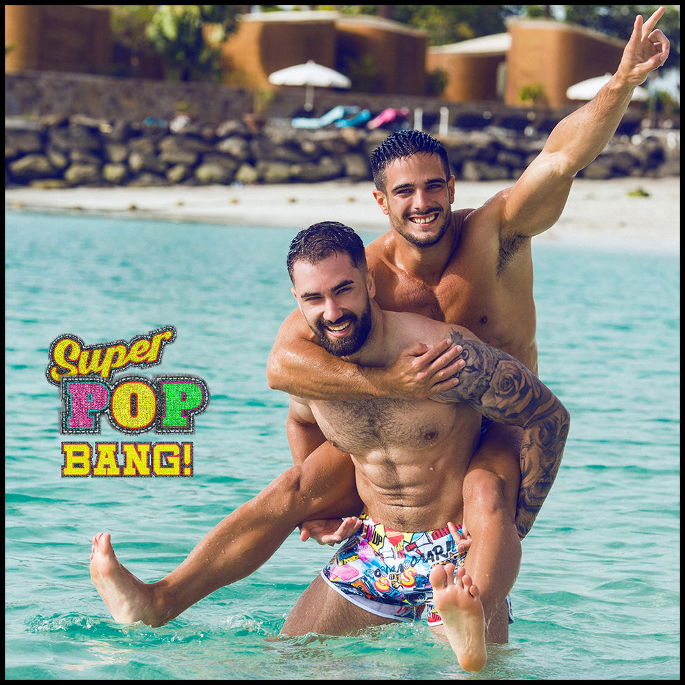These men's swim shorts feature fun and enegetic comics-style graphics in bold colors, with a prominent BANG! illustration.