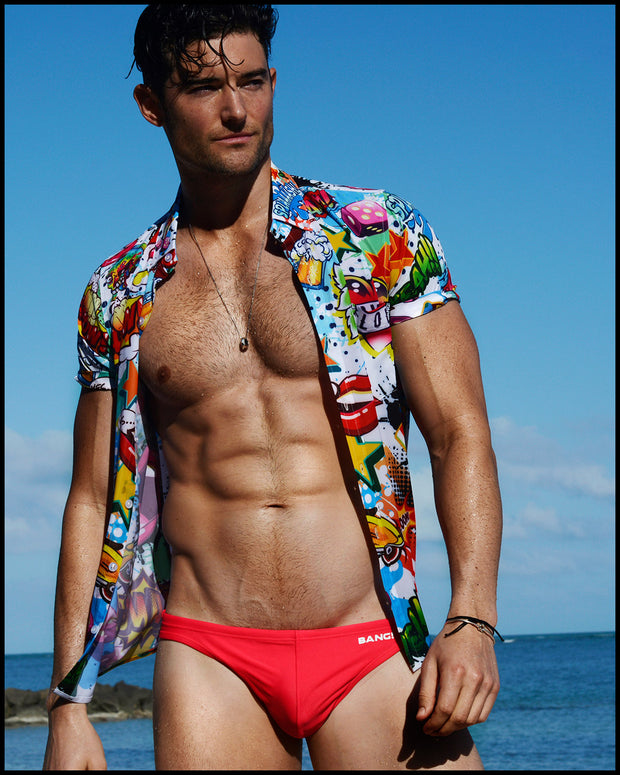 Front view of a sexy male model in Miami  Beach wearing bang men&