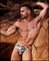 This men's bikini feature fun and enegetic comics-style graphics in bold colors, with a prominent BANG! illustration.