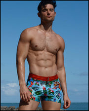 front view of a sexy male model wearing BANG Miami beach shorts outside summer body 2021 premium fit designer quality