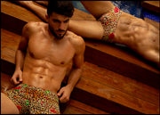 Frontal view of a sexy male model by a pool wearing the CATS N'ROSES men’s swim bottoms featuring leopard print in brown tones with red roses by the Bang! menswear brand.