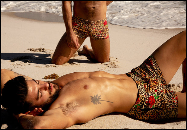 View of model laying down on the beach wearing the CATS N&