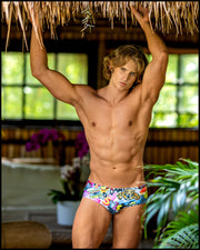 These SUPER POP sexy swims trunks for men feature energetic comics-style graphics in bold colors by Bang! Clothing