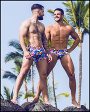 These SUPER POP sexy swimsuits for men feature energetic comics-style graphics in bold colors by Bang! Clothing