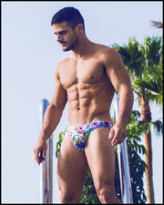 Side view of men's fun themed swim brief by Bang! Clothes in Miami designer quality for the beach.