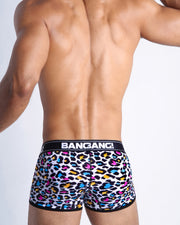 Back view of model wearing the 8-BIT POP LEOPARD Men’s beathable cotton boxer briefs  for men by BANG! Underwear trunks provide all-day comfort and secure fit.