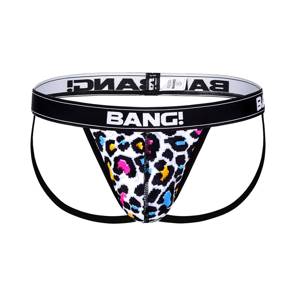 Front view of a BANG! Miami men's cotton jockstrap with bright 8-bit wild prints and a perfect fit with no chafing  designer quality