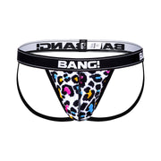 Front view of a BANG! Miami men's cotton jockstrap with bright 8-bit wild prints and a perfect fit with no chafing  designer quality