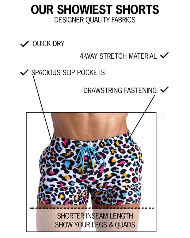 Infographic explaining shorter inseam and leg length on BANG! Miami show shorts premium fit designer quality