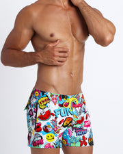 These sexy summer shorts for men feature fun and energetic comics-style graphics in bold colors with a prominent BANG! sign.