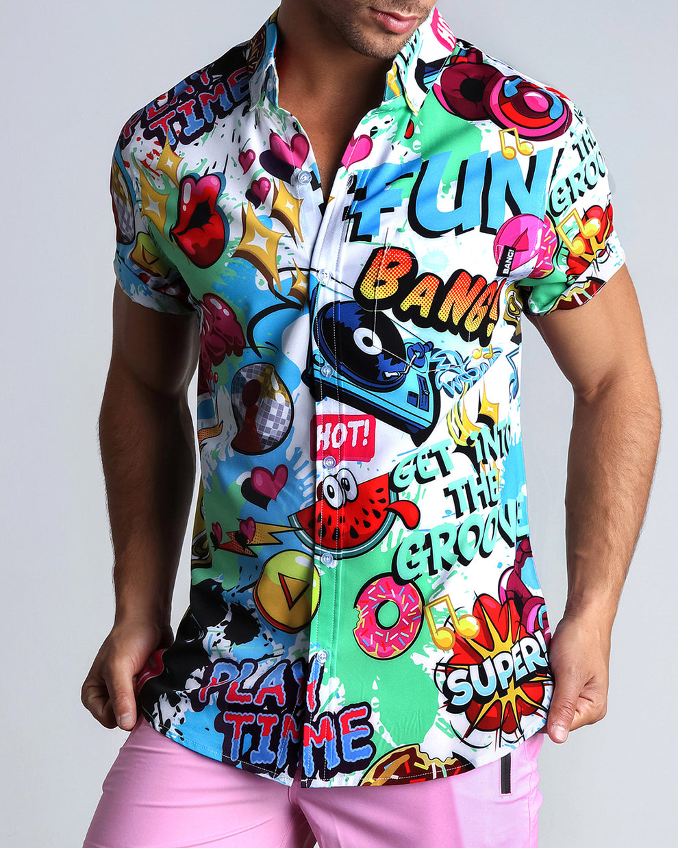 The new stretch shirt from BANG! Clothes brand in miami florida for men is a perfect fitting Hawaiian button down for all styles