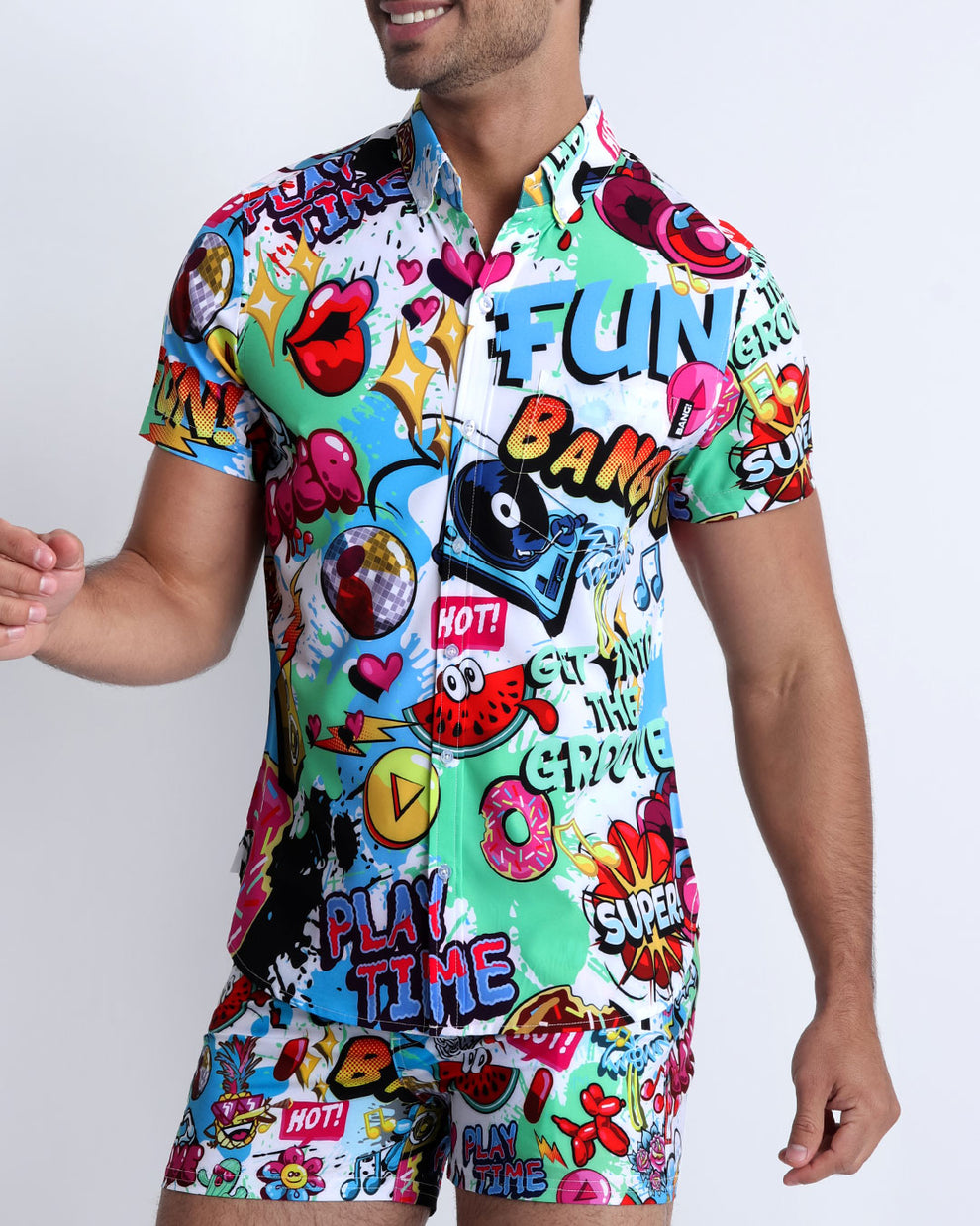 Front view of a stretch shirt from BANG! Clothes brand in miami florida for men is a perfect fitting hawaiian button down for all styles