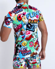 Back view of a sexy male model wearing men's Hawaiian shirt with pop-culture theme made by the Bang! brand of men's beachwear.
