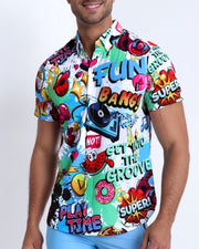 Frontal view of men's short-sleeve stretch shirts featuring a fun and energetic comics-style graphics in bold colors, with a BANG! illustration.