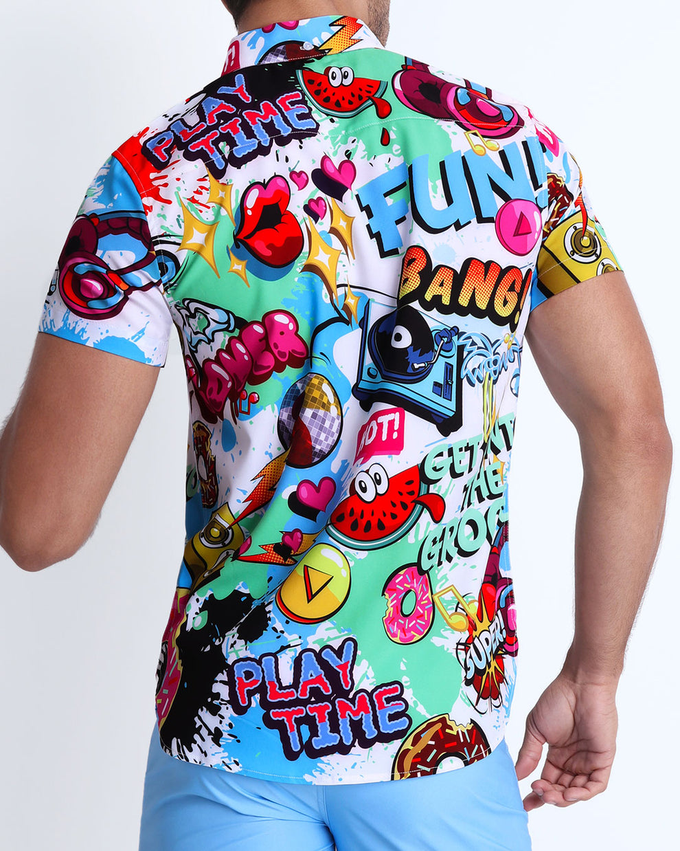 Back view of a stretch shirt from BANG! Clothes brand in miami florida for men is a perfect fitting hawaiian button down for all styles