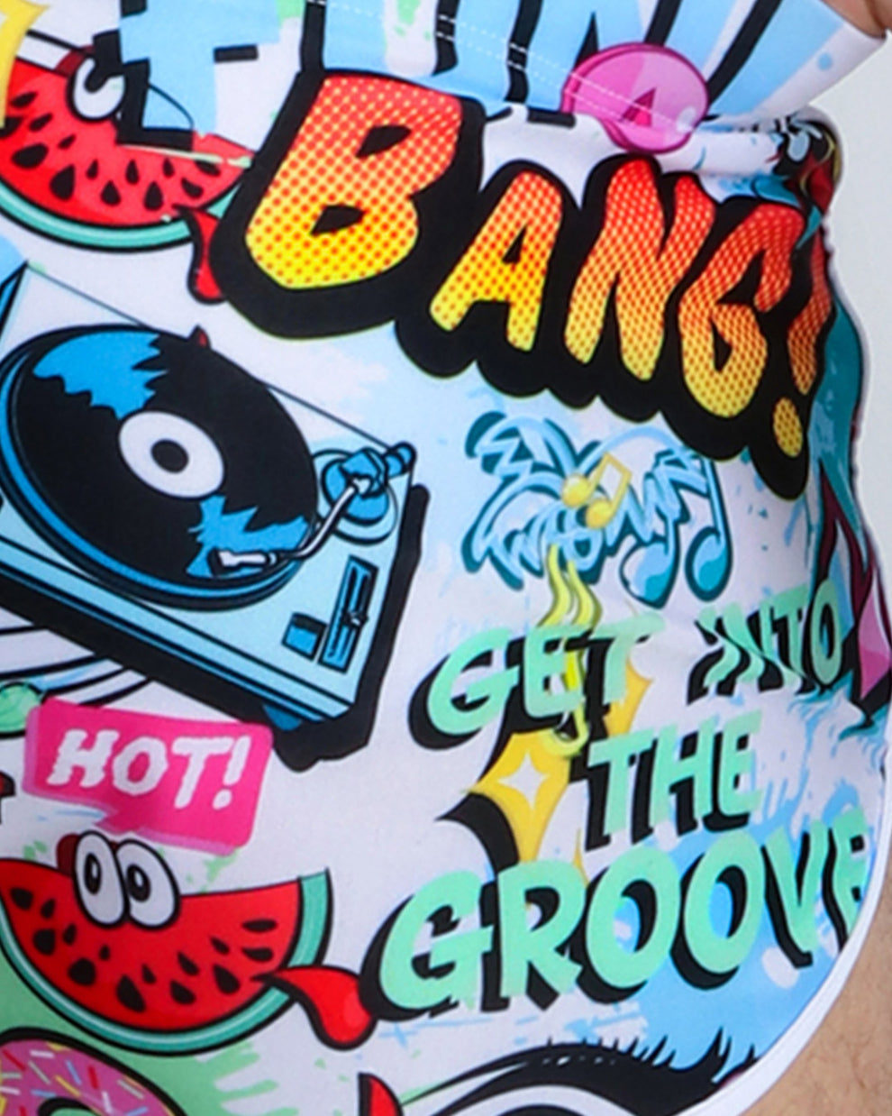 This swimsuit for men features fun and energetic comics-style graphics in bold colors with a prominent BANG! Illustration.