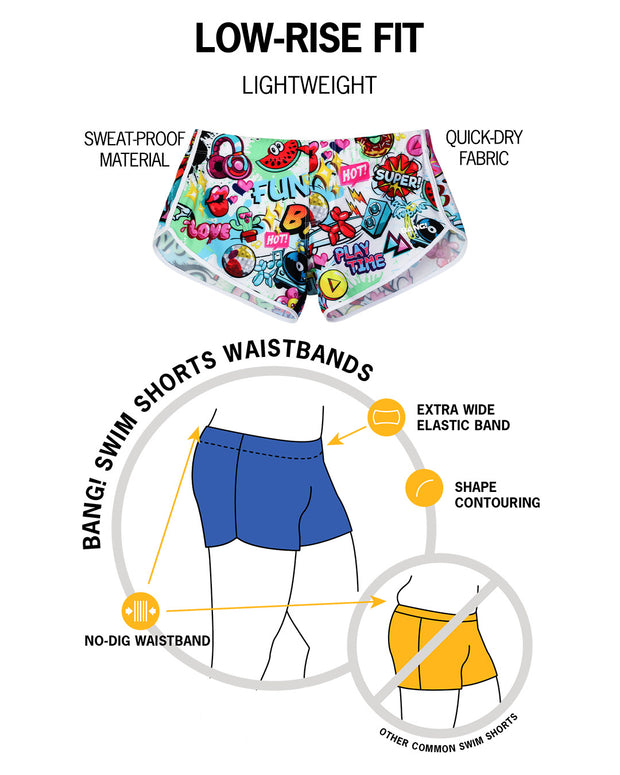 Infographic of BANG! mens premium swimwear premium fit bold colors gay miami florida beach sexy