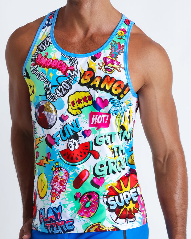 This tank top for men features fun and energetic comics-style graphics in bold colors with a prominent BANG! Illustration.