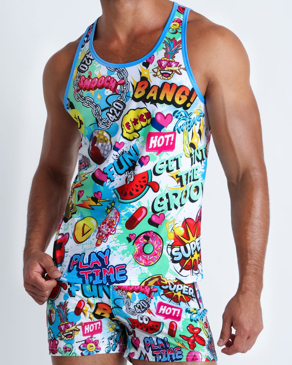 Right side view of an in-shape men's torso wearing a sexy tank top by the Bang! brand of menswear from Miami.