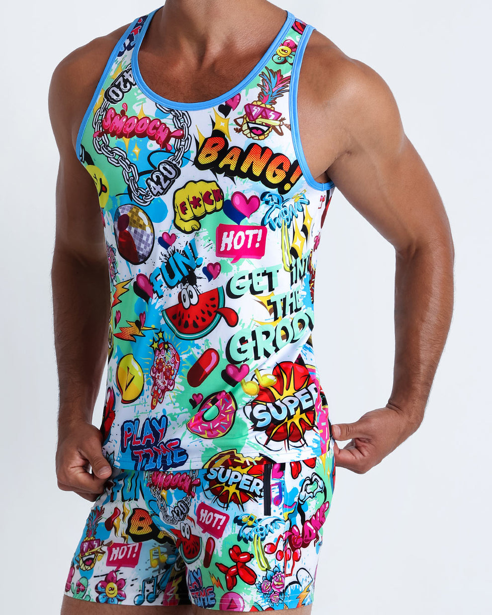 This tank top for men features fun and energetic comics-style graphics in bold colors with a prominent BANG! Illustration.