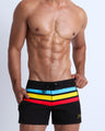 Frontal view of model wearing the BIONIC STRIPES men’s flex boardshorts by the Bang! brand of men's beachwear from Miami.