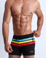 Left side view of men’s BIONIC STRIPES trunks with color stripes, made by the Miami-based Bang! brand of men's beachwear.