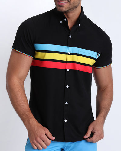 Frontal view of model wearing the BIONIC Stripes men’s stretch shirt by the Bang! brand of men's beachwear from Miami.