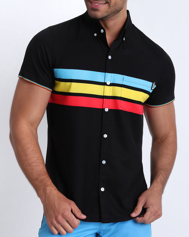 Frontal view of model wearing the BIONIC Stripes men’s stretch shirt by the Bang! brand of men&