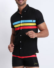 Left side view of men’s stretch shirt with color stripes, made by the Miami-based Bang! brand of men's beachwear.
