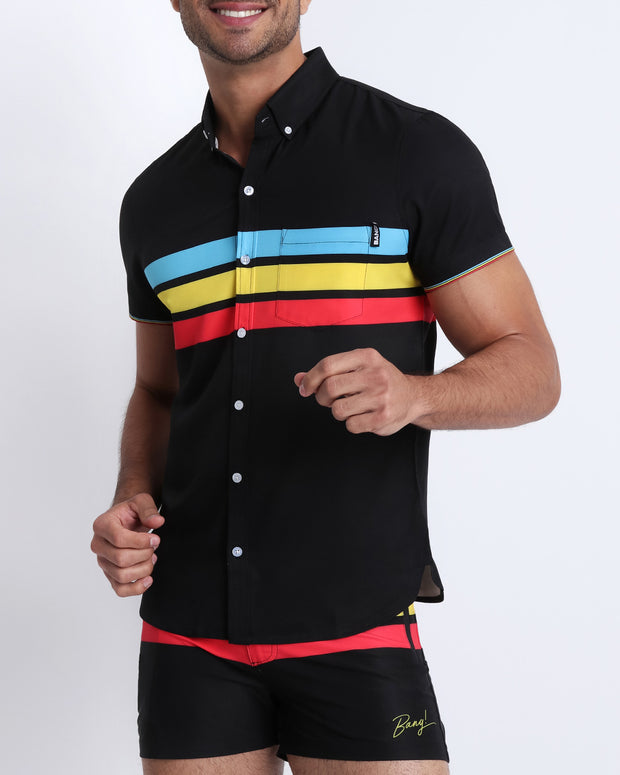 Left side view of men’s stretch shirt with color stripes, made by the Miami-based Bang! brand of men&