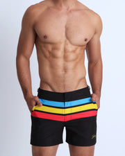 Frontal view of model wearing the BIONIC Stripes men’s beach shorts by the Bang! brand of men's beachwear from Miami.