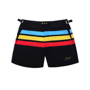 Front view of men’s red tailored beach trunks with color stripes, made by the Miami-based Bang! brand of men's beachwear.