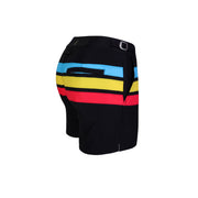Back view of men’s red tailored beach trunks with color stripes, made by the Miami-based Bang! brand of men's beachwear.