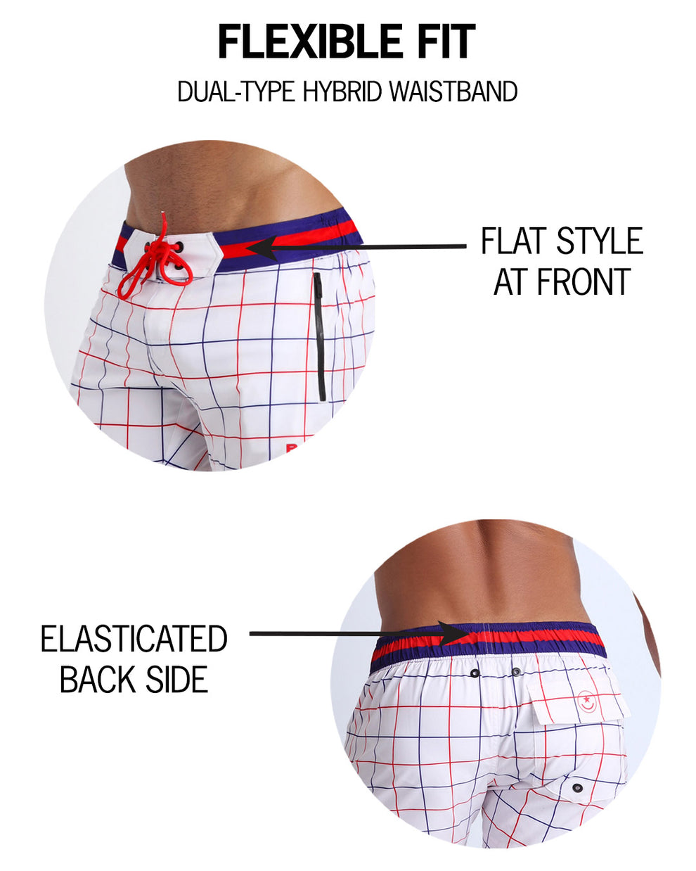 Infographic showing the flexibility of the shorts with a flat style at front and elastic back side. 