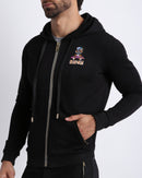 Side view of the BLACK men's full-zip hooded fleece sweatshirt by BANG! Clothes based in Miami. This hoodie is soft and skin-friendly with two split patch pockets to store small things and keep hands warm. 