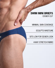 Infographic explaining the features of the BLUE JEAN Swim Mini Brief made by BANG! Clothes. These edgier cut mens swimsuit are minimal skin coverage, sculpts waistline, sits low for sexier look, and 4-way stretch fabric.