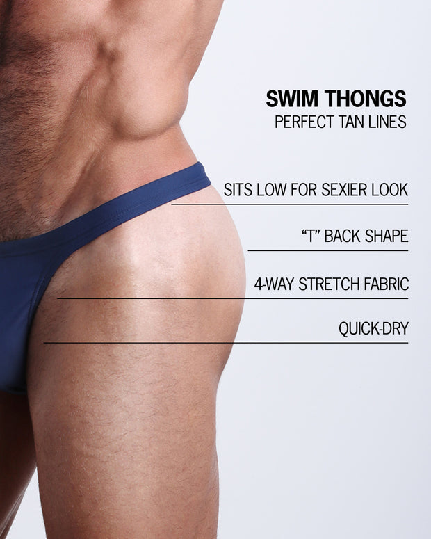 Infographic explaining the features of the BLUE JEAN Swim Thong made by BANG! Clothes. These perfect for tan lines mens swimsuit is 4-way stretch, quick-dry, has a "T" back shape, and sits low for sexier look. 