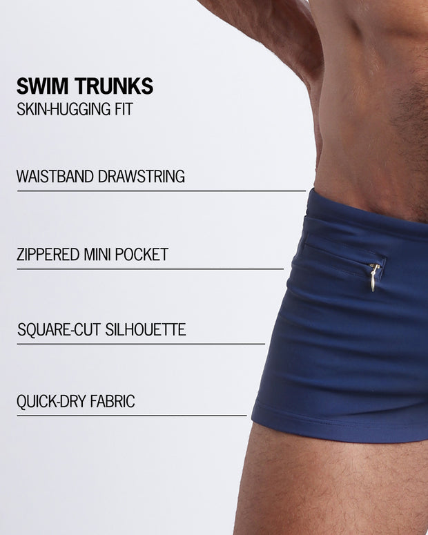 Infographic explaining the BLUE JEAN Swim Trunks made by BANG! Clothes. These skin-hugging mens swimming shorts are quick-dry fabric, have zippered mini pocket, waistband drawstring, square-cut silhouette.