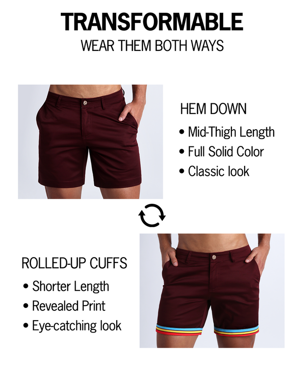 Infographic explaining the Bang! Clothing chino shorts 2-in-1 feature that can be worn both ways. Option of rolled-up cuffs for shorter length and showing internal print. Or hem down for a mid-thigh length and full-solid wine red color showing.