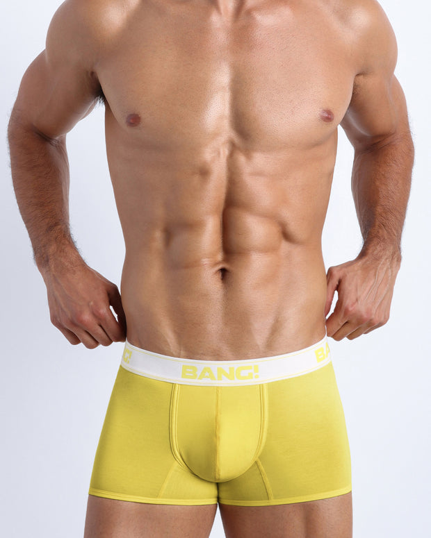 Sexy male model wearing the BANGNANARAMA YELLOW soft cotton underwear for men by BANG! Clothing the official brand of men&