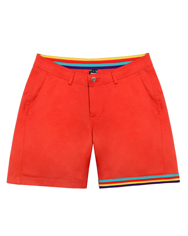 Men tailored fit chino shorts in hot orange by Bang! Menswear brand from Miami. Keeps you feeling comfortable and looking sharp all day and can be worn 2 ways with reversible cuff. Can roll-up cuffs for shorter length and showing internal print. Or hem down for a mid-thigh length and full-solid bright orange color showing.