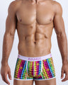 Front view of a sexy male model wearing a BANG! Cotton Boxer Briefs for men in a fun colorful plaid print with fun punk rock dinosours offering a perfect fit.  Offers stay-put leg design that prevents chafing and riding up the leg.