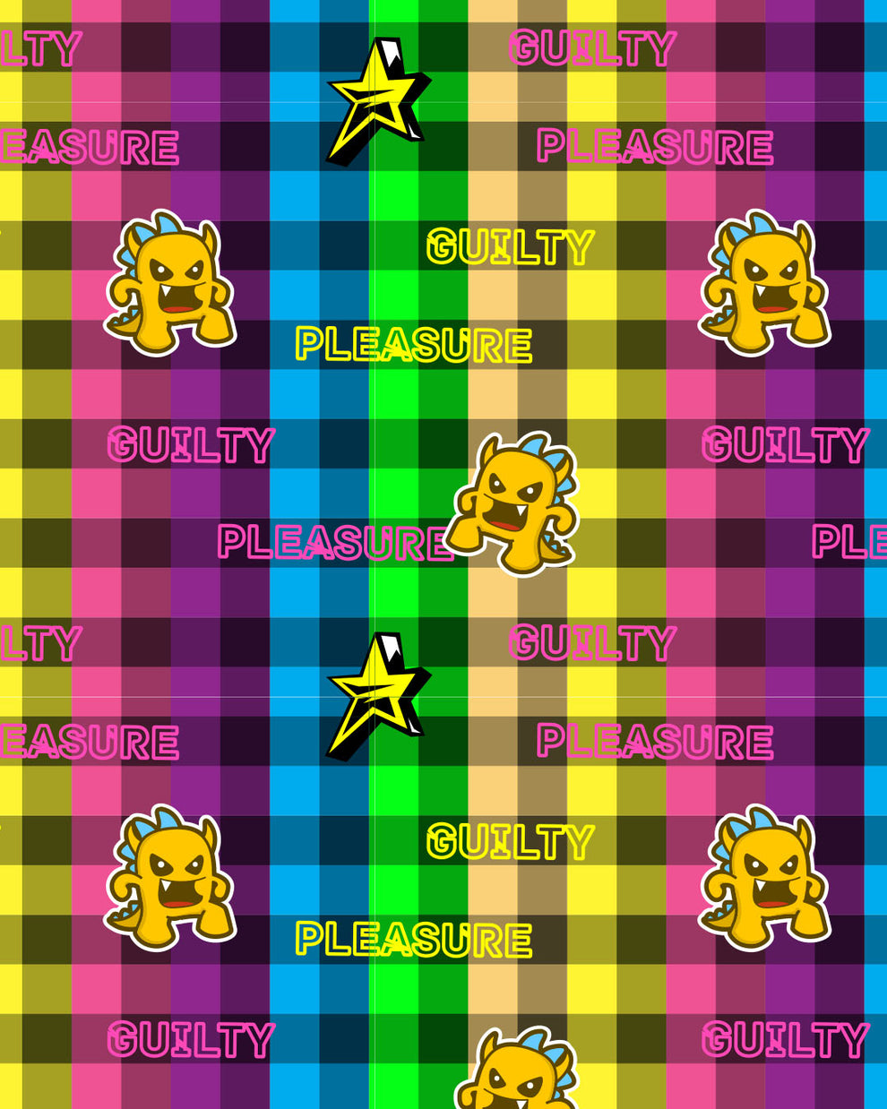 Fun colorful plaid print with fun punk rock dinosaur's 