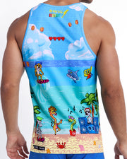 Male model's back view showing the 8-BIT WILD BEACH PARTY summer cotton tank top for men with vintage sprite graphics of Atari video game, Nintendo, Sega, Commodore 64