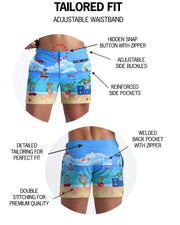 Infographic explaining hidden snap button with zipper, reinforced side pockets, and welded back pocket with zipper premium quality beach shorts for men.