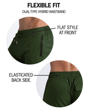 Infographic showing the flexibility of the shorts with a flat style at front and elastic back side. 