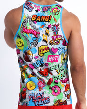 Back view of a sexy male model wearing men’s cotton tank top made by the Bang! official brand of menswear. 