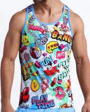Frontal view of this BANG ONE tank top for men features fun and energetic comics-style graphics in bold colors, with a BANG! illustration.