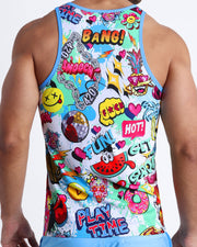 Back view of a sexy male model wearing men’s tank top made by the Bang! official brand of menswear. 